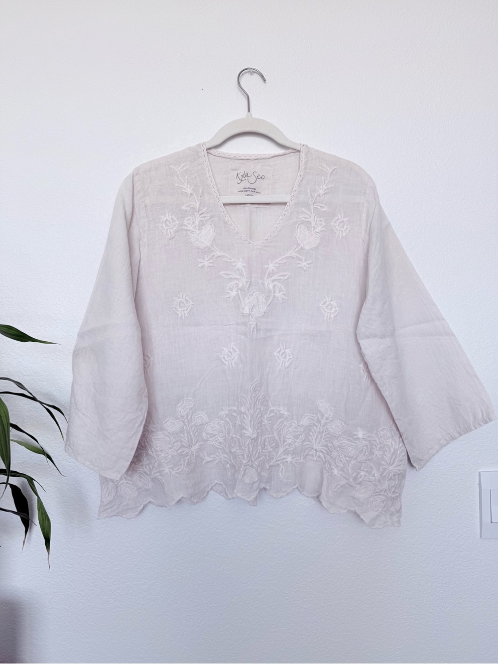 Kyla Seo Light Beige Linen Embroidered V-Neck Blouse